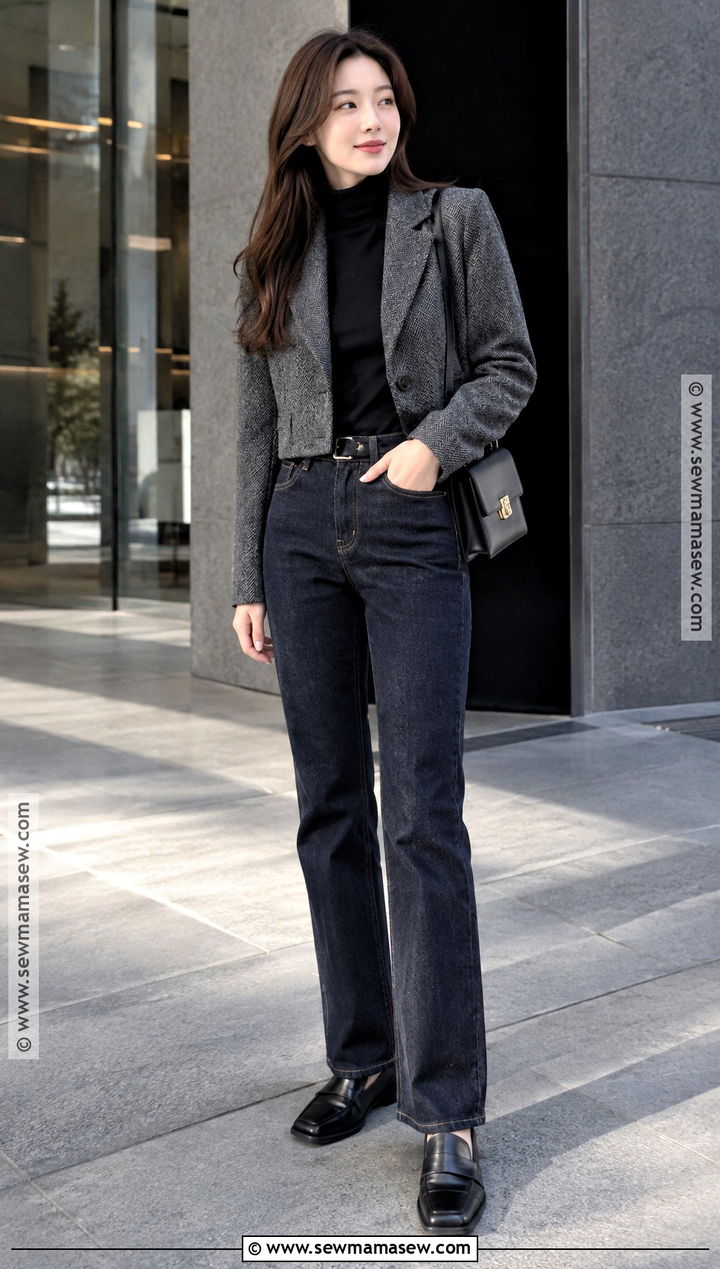 Japanese Autumn Cropped Blazer And Straight Jeans Outfit - 25 Japanese Autumn Outfit Ideas
