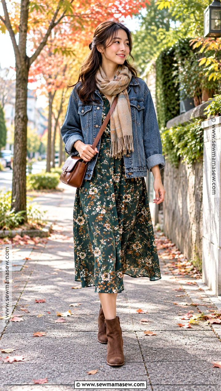 Japanese Autumn Denim Jacket And Floral Dress Outfit - 25 Japanese Autumn Outfit Ideas