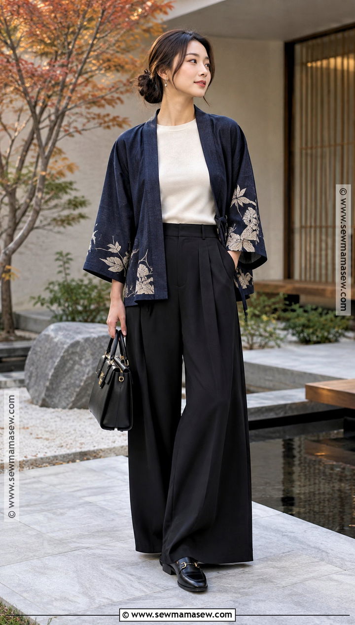 Japanese Autumn Kimono Jacket And Wide Leg Pants Outfit - 25 Japanese Autumn Outfit Ideas