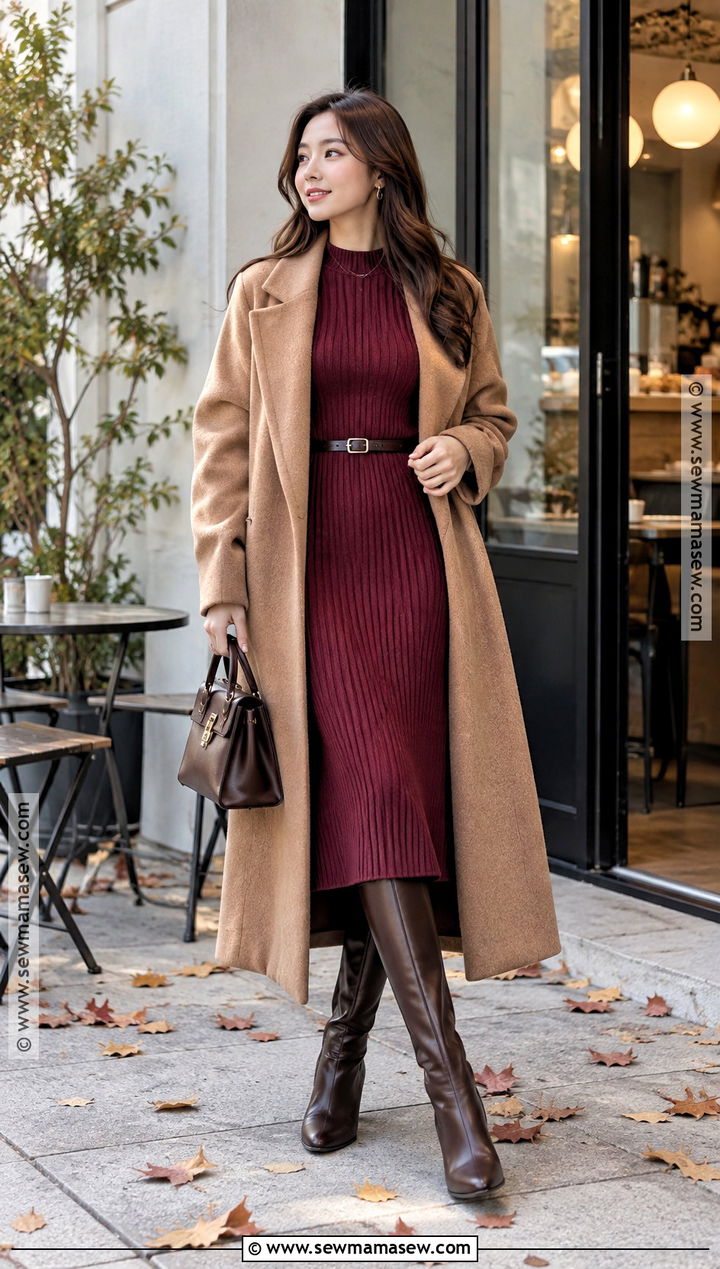 Japanese Autumn Knit Dress And Knee High Boots Outfit - 25 Japanese Autumn Outfit Ideas