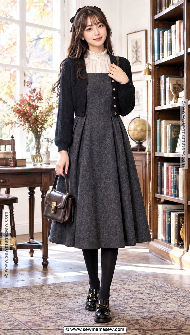 Japanese Autumn Pinafore Dress And Blouse Outfit - 25 Japanese Autumn Outfit Ideas
