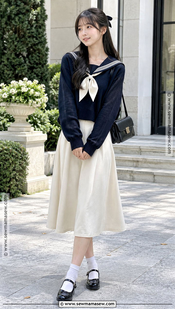 Japanese Autumn Sailor Collar And A Line Skirt Outfit - 25 Japanese Autumn Outfit Ideas