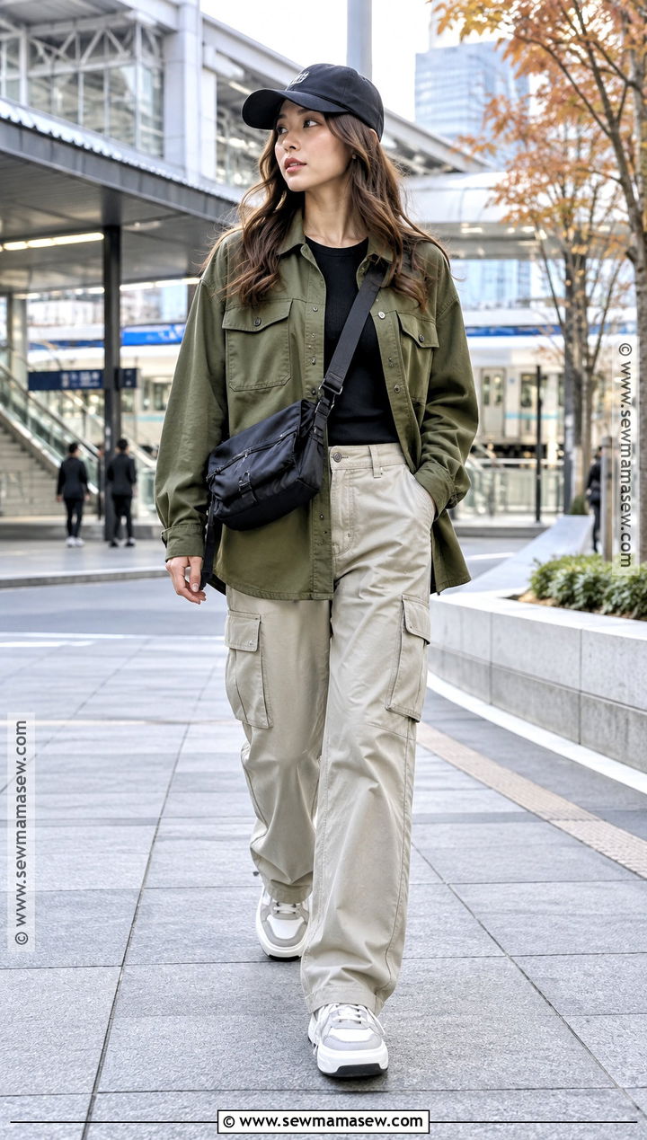 Japanese Autumn Shacket And Cargo Pants Outfit - 25 Japanese Autumn Outfit Ideas