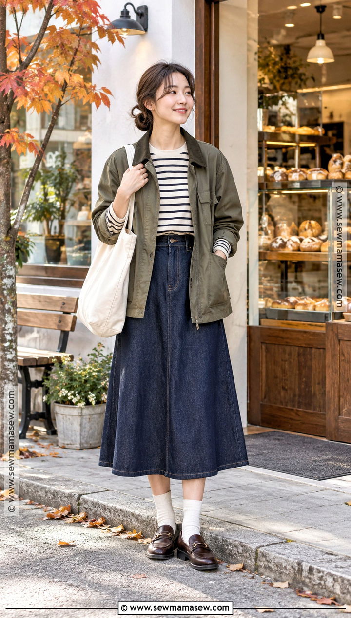 Japanese Autumn Striped Shirt And Denim Midi Skirt Outfit - 25 Japanese Autumn Outfit Ideas