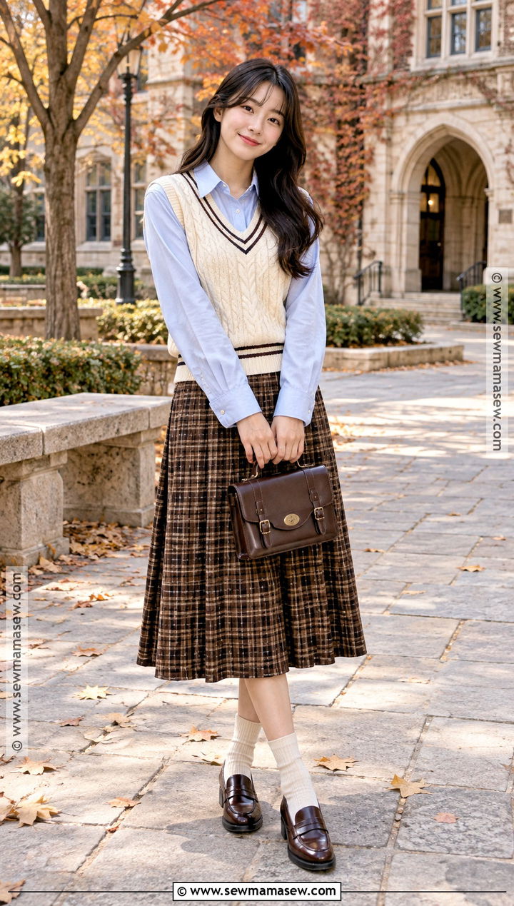Japanese Autumn Sweater Vest And Plaid Skirt Outfit - 25 Japanese Autumn Outfit Ideas