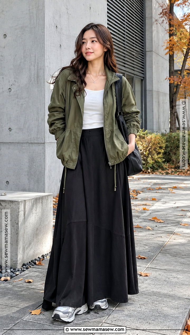 Japanese Autumn Utility Jacket And Black Maxi Skirt Outfit - 25 Japanese Autumn Outfit Ideas