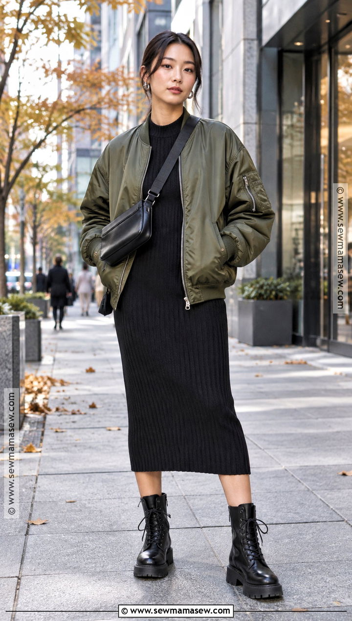 Japanese Bomber Jacket And Midi Dress Outfit - 20 Asian Fall Outfits
