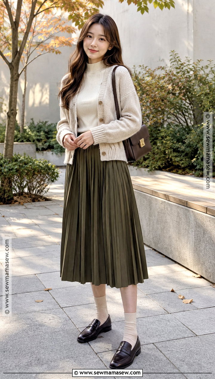 Japanese Fall Outfit With Pleated Midi Skirt - 15 fall outfits japanese