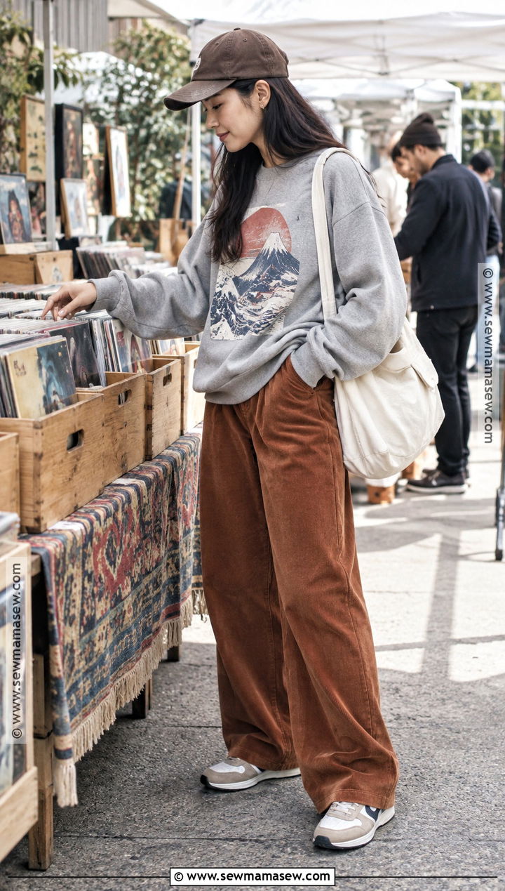 Japanese Graphic Sweatshirt And Corduroy Pants Outfit - 20 Asian Fall Outfits