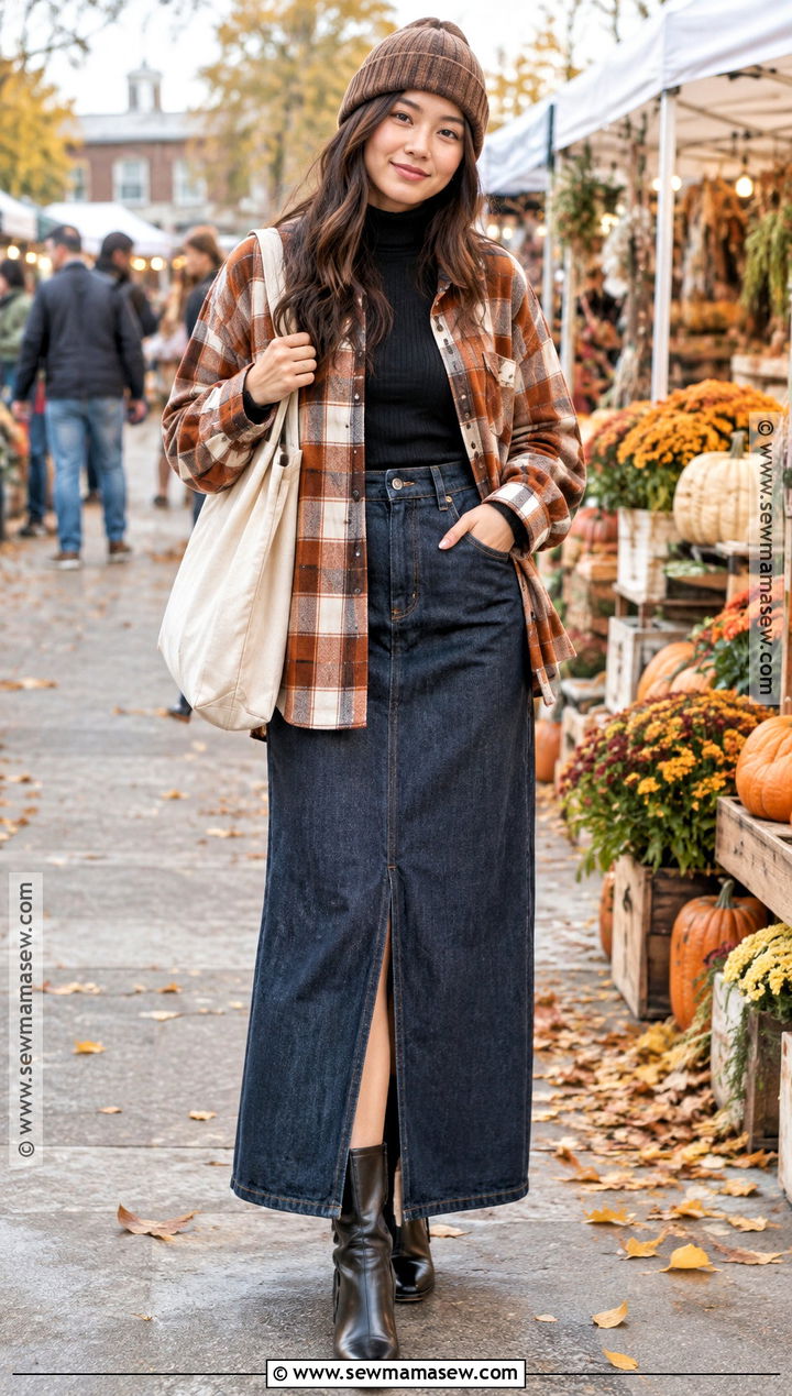 Japanese Plaid Overshirt And Denim Skirt Outfit - 20 Asian Fall Outfits