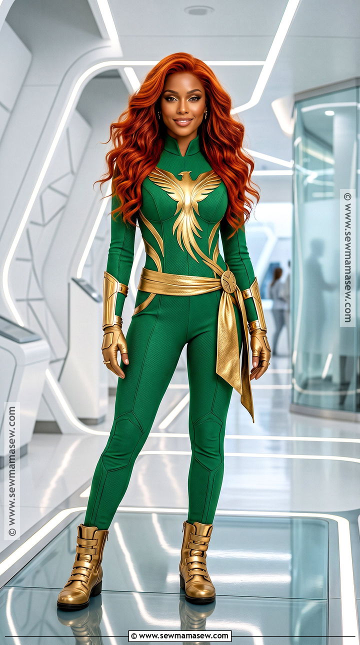 Jean Grey Phoenix Costume With Green And Gold Suit - 30 Superwomen Costume Ideas