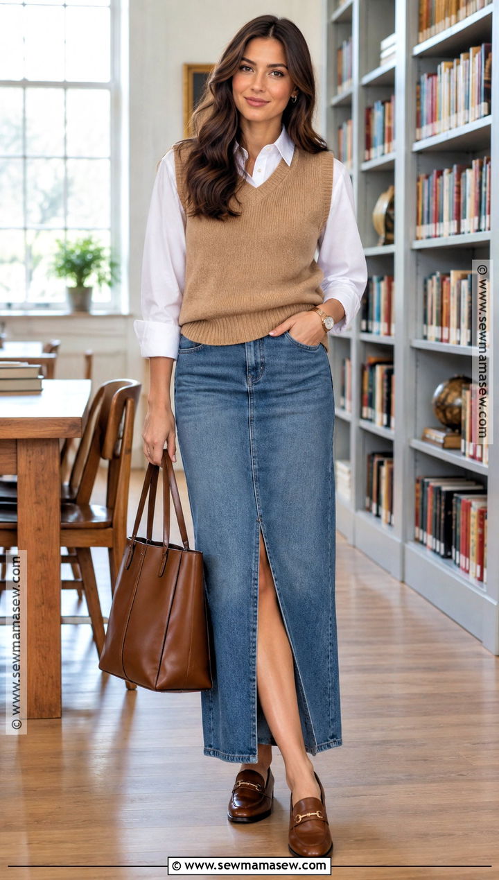 Jean Maxi Skirt With Button Down Shirt And Sweater Vest - 25 fall jean skirt outfits
