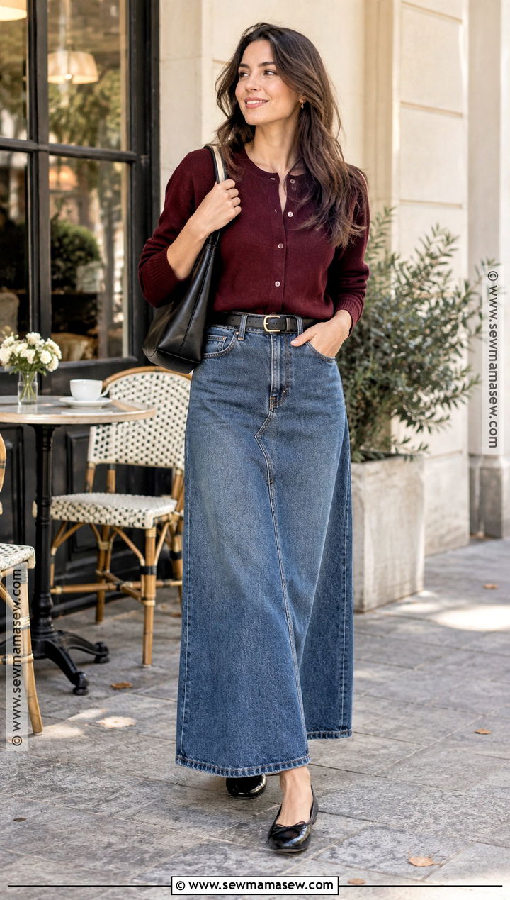 Jean Maxi Skirt With Cardigan And Ballet Flats - 20 fall outfit jean skirt ideas