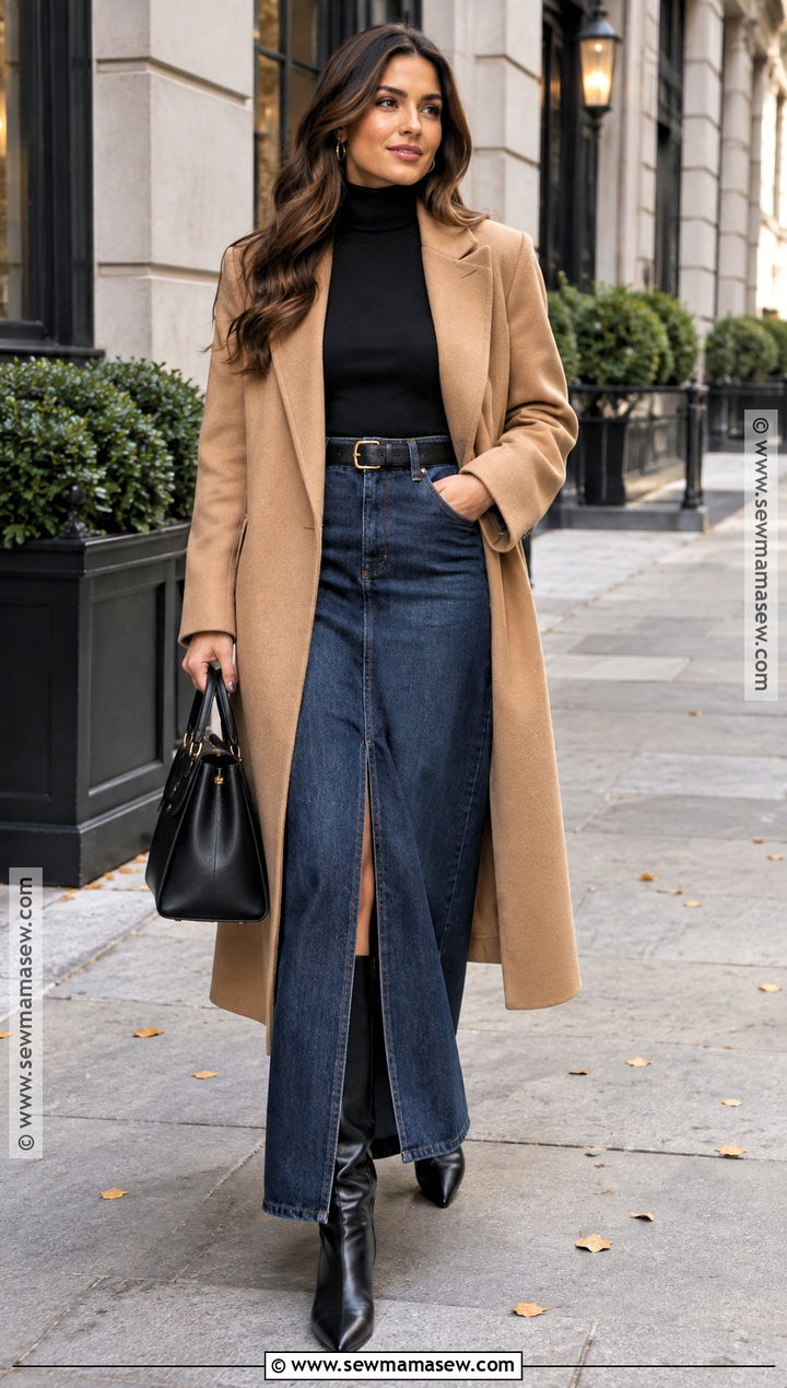 Jean Maxi Skirt With Fitted Turtleneck And Heeled Boots - 25 fall jean skirt outfits
