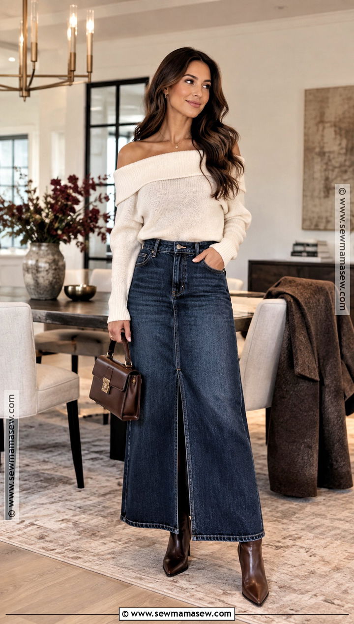 Jean Maxi Skirt With Off Shoulder Sweater And Boots - 25 fall jean skirt outfits
