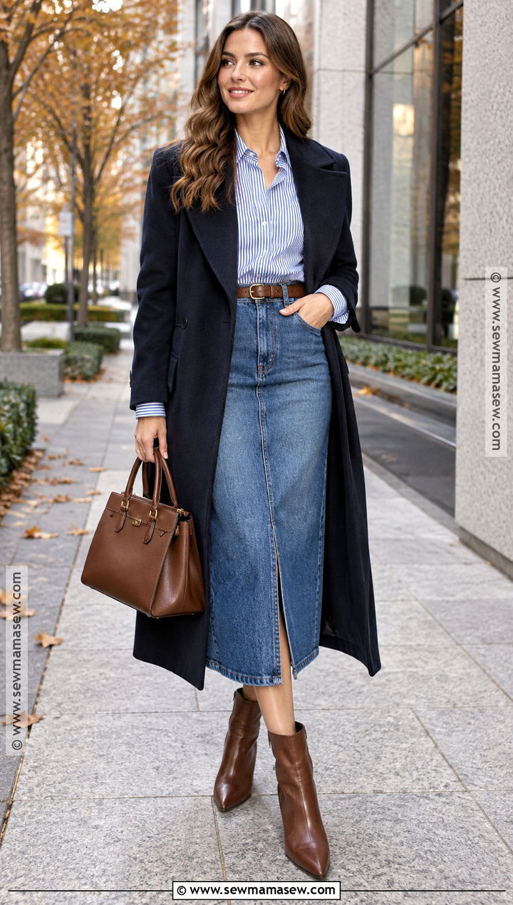 Jean Midi Skirt With Button Down Shirt And Ankle Boots - 20 fall outfit jean skirt ideas