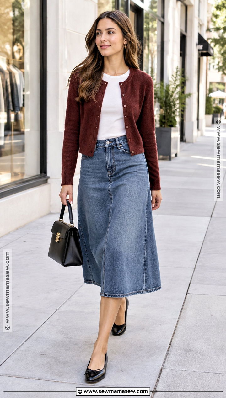Jean Midi Skirt With Cardigan And Ballet Flats - 25 fall jean skirt outfits