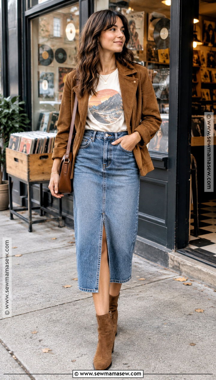 Jean Midi Skirt With Graphic Tee And Suede Jacket - 25 fall jean skirt outfits