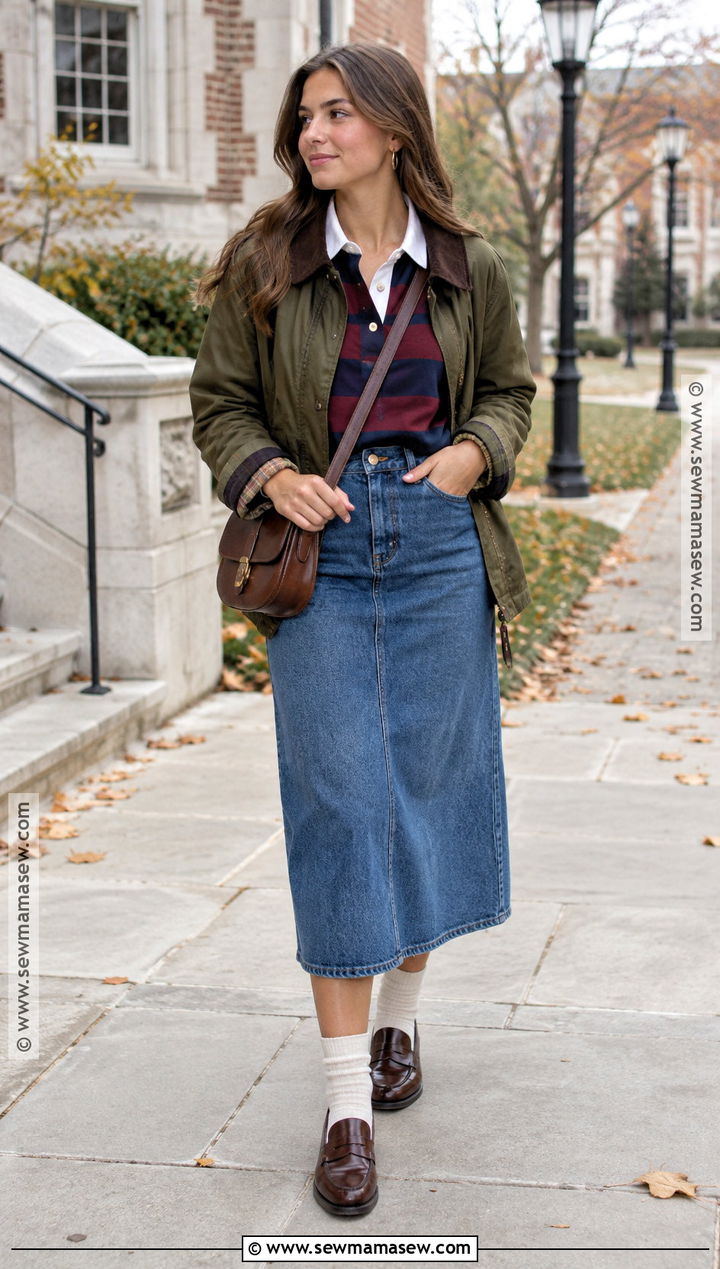 Jean Midi Skirt With Rugby Shirt And Loafers - 25 fall outfits jean skirt