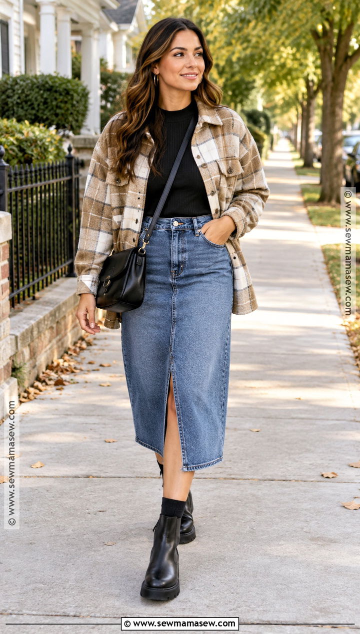 Jean Midi Skirt With Shacket And Chelsea Boots - 25 fall jean skirt outfits