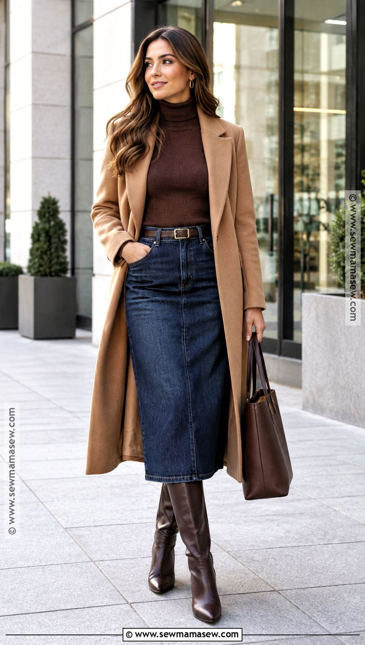 Jean Midi Skirt With Turtleneck And Long Coat - 25 fall jean skirt outfits