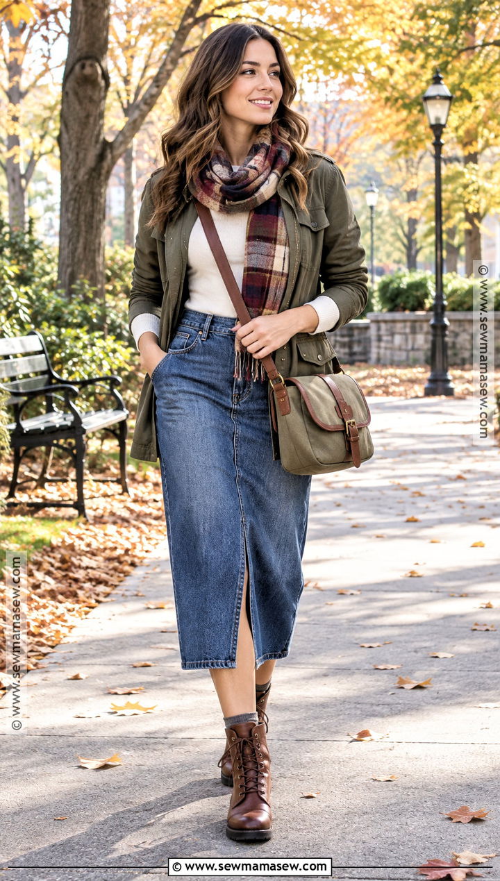 Jean Midi Skirt With Utility Jacket And Lace Up Boots - 25 fall jean skirt outfits