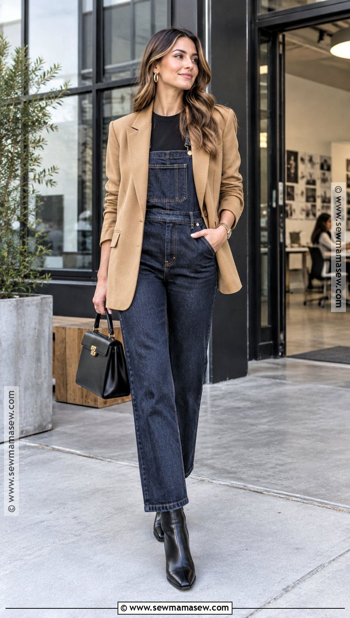 Jean Overall Outfit With Blazer and Heeled Boots - 20 jean overall outfits fall