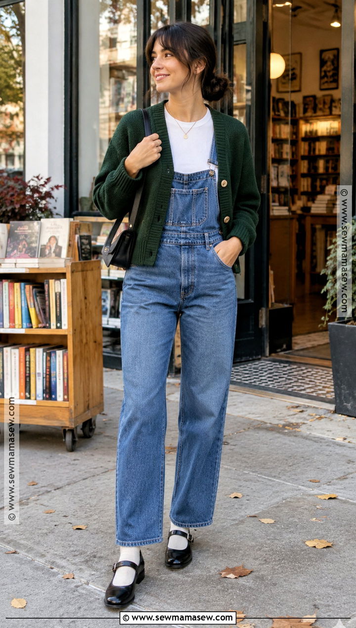 Jean Overall Outfit With Cardigan and Mary Jane Shoes - 20 jean overall outfits fall
