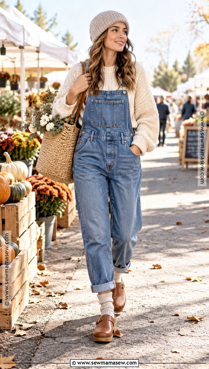 Jean Overall Outfit With Chunky Sweater and Clogs - 20 jean overall outfits fall