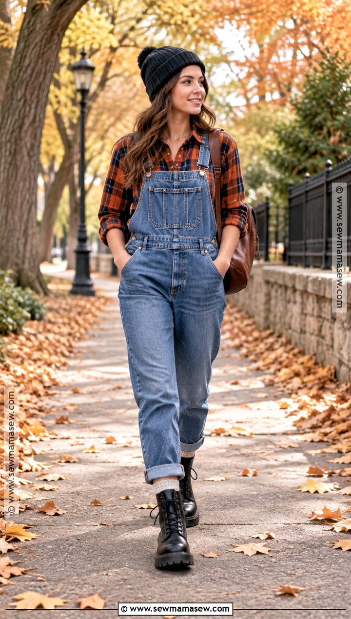Jean Overall Outfit With Flannel Shirt and Combat Boots - 20 jean overall outfits fall
