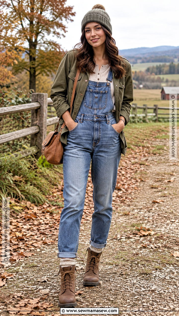 Jean Overall Outfit With Henley Top and Utility Jacket - 20 jean overall outfits fall