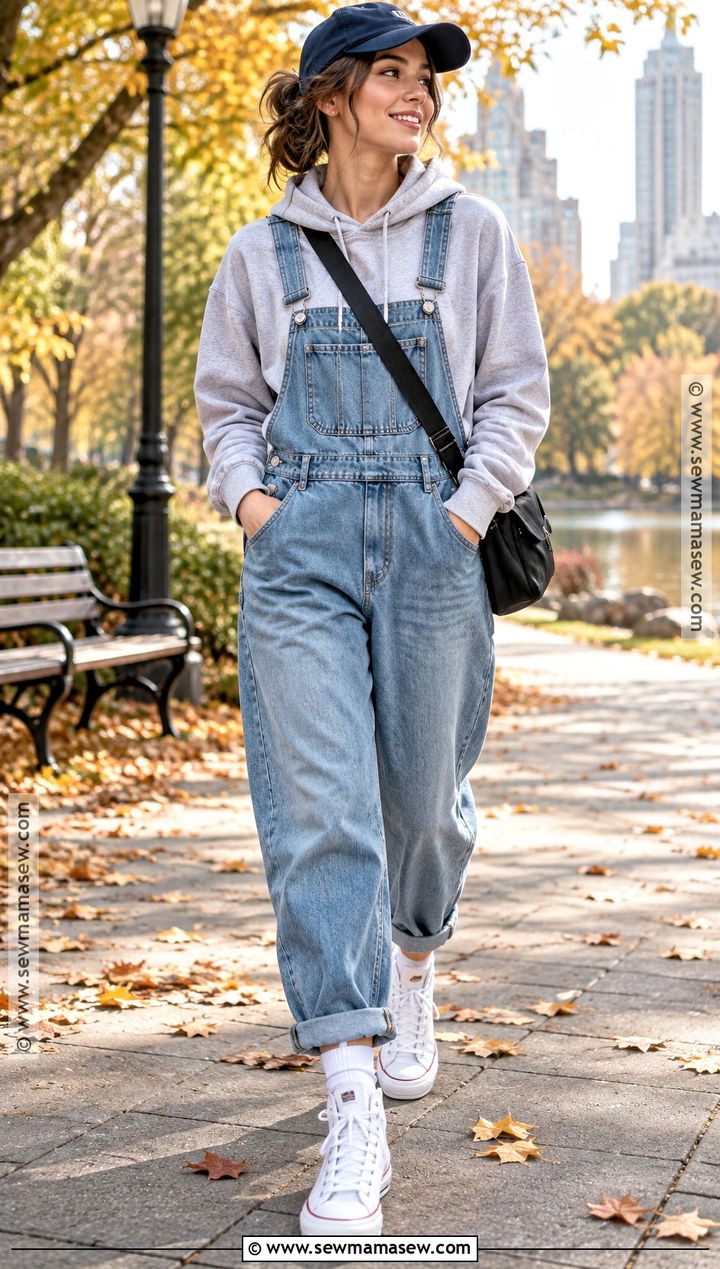 Jean Overall Outfit With Hoodie and High Top Sneakers - 20 jean overall outfits fall