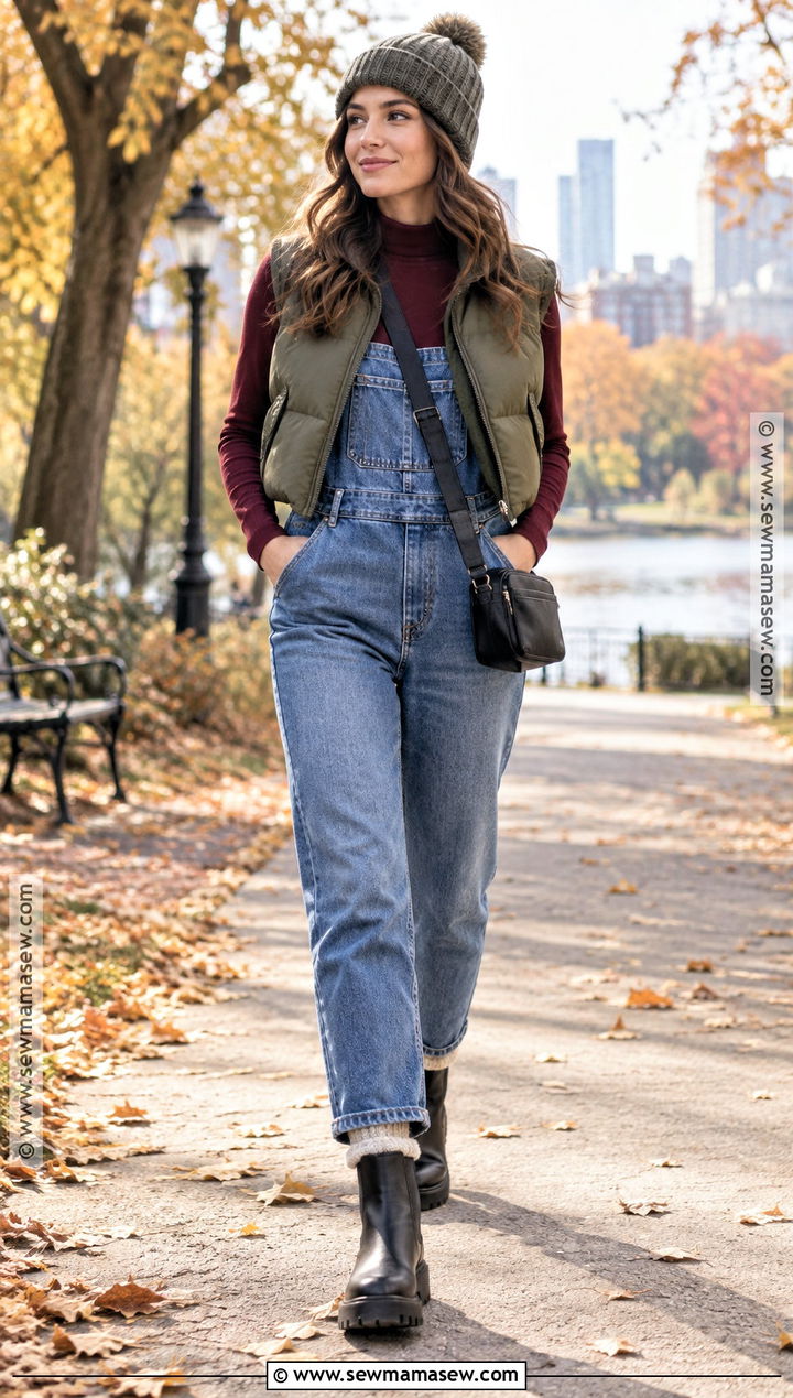 Jean Overall Outfit With Mock Neck and Puffer Vest - 20 jean overall outfits fall