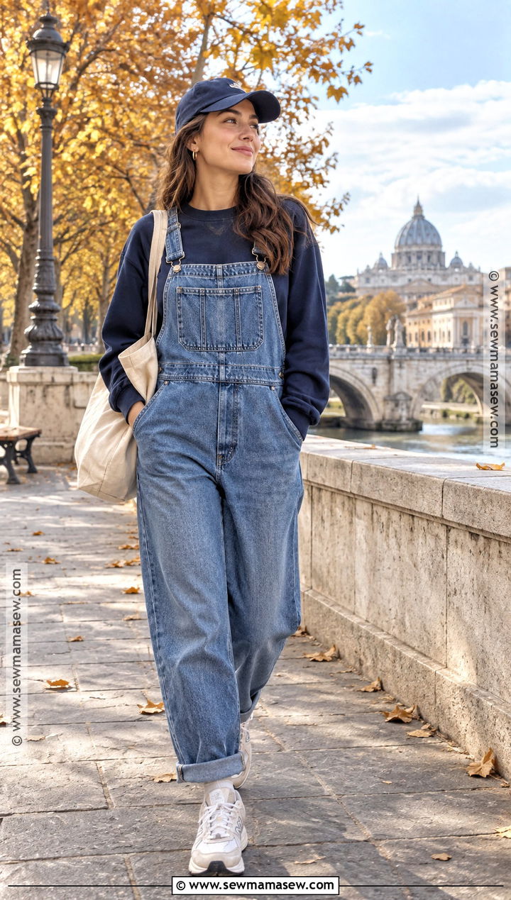 Jean Overall Outfit With Sweatshirt and Dad Sneakers - 20 jean overall outfits fall