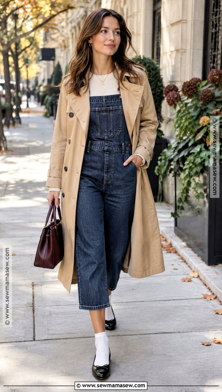 Jean Overall Outfit With Trench Coat and Ballet Flats - 20 jean overall outfits fall