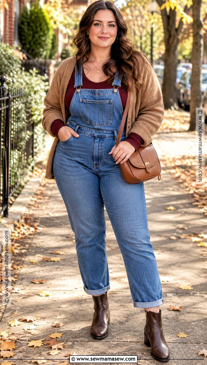 Jean Overalls With Burgundy Ribbed Top - 15 Jean Overalls Outfit Fall