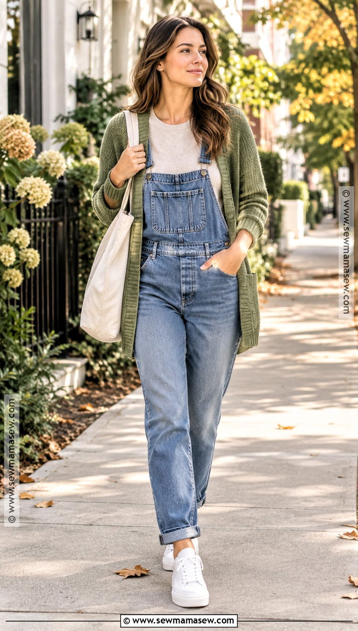 Jean Overalls With Cardigan And Sneakers - 15 Jean Overalls Outfit Fall