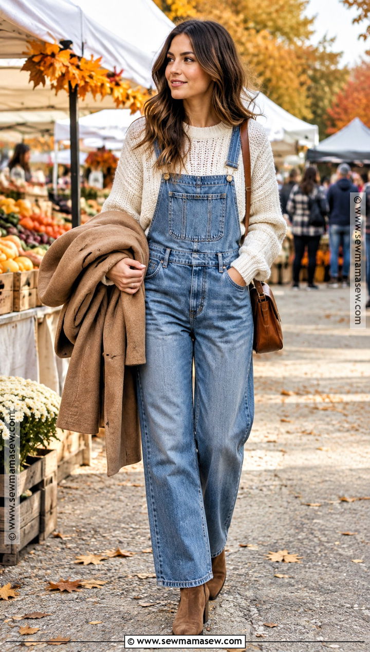 Jean Overalls With Chunky Cream Sweater - 15 Jean Overalls Outfit Fall