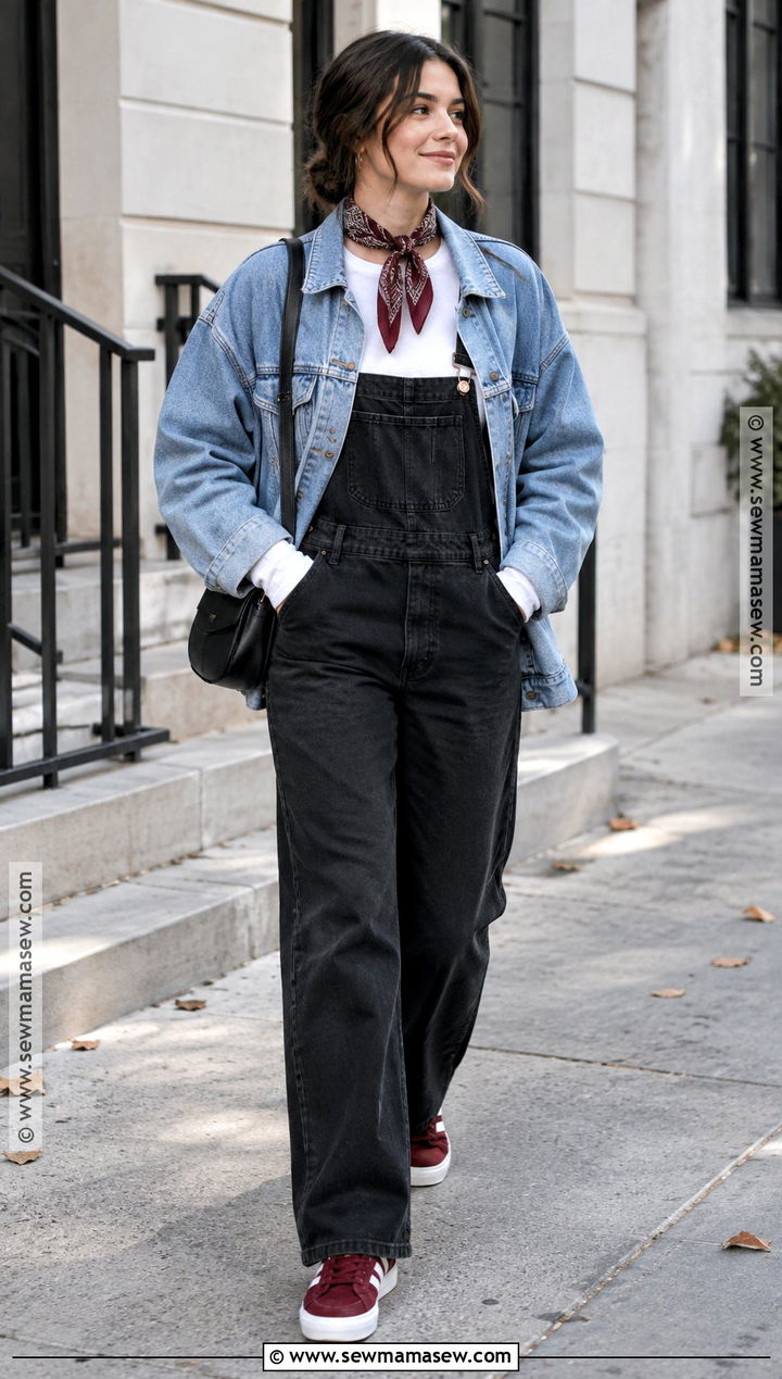 Jean Overalls With Denim Jacket And Sneakers - 15 Jean Overalls Outfit Fall