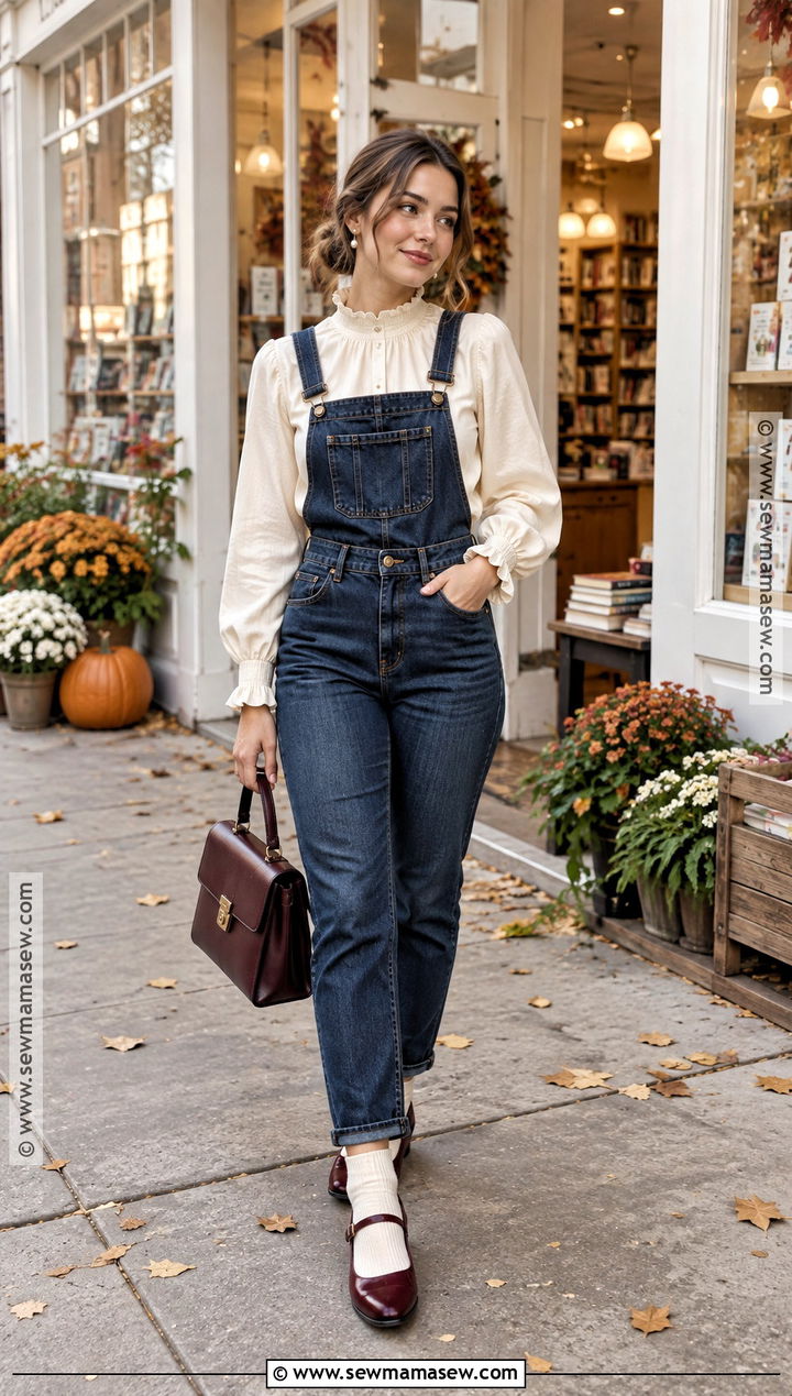 Jean Overalls With Feminine Blouse And Mary Janes - 15 Jean Overalls Outfit Fall