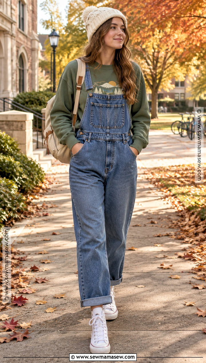 Jean Overalls With Graphic Sweatshirt And High Top Sneakers - 15 Jean Overalls Outfit Fall