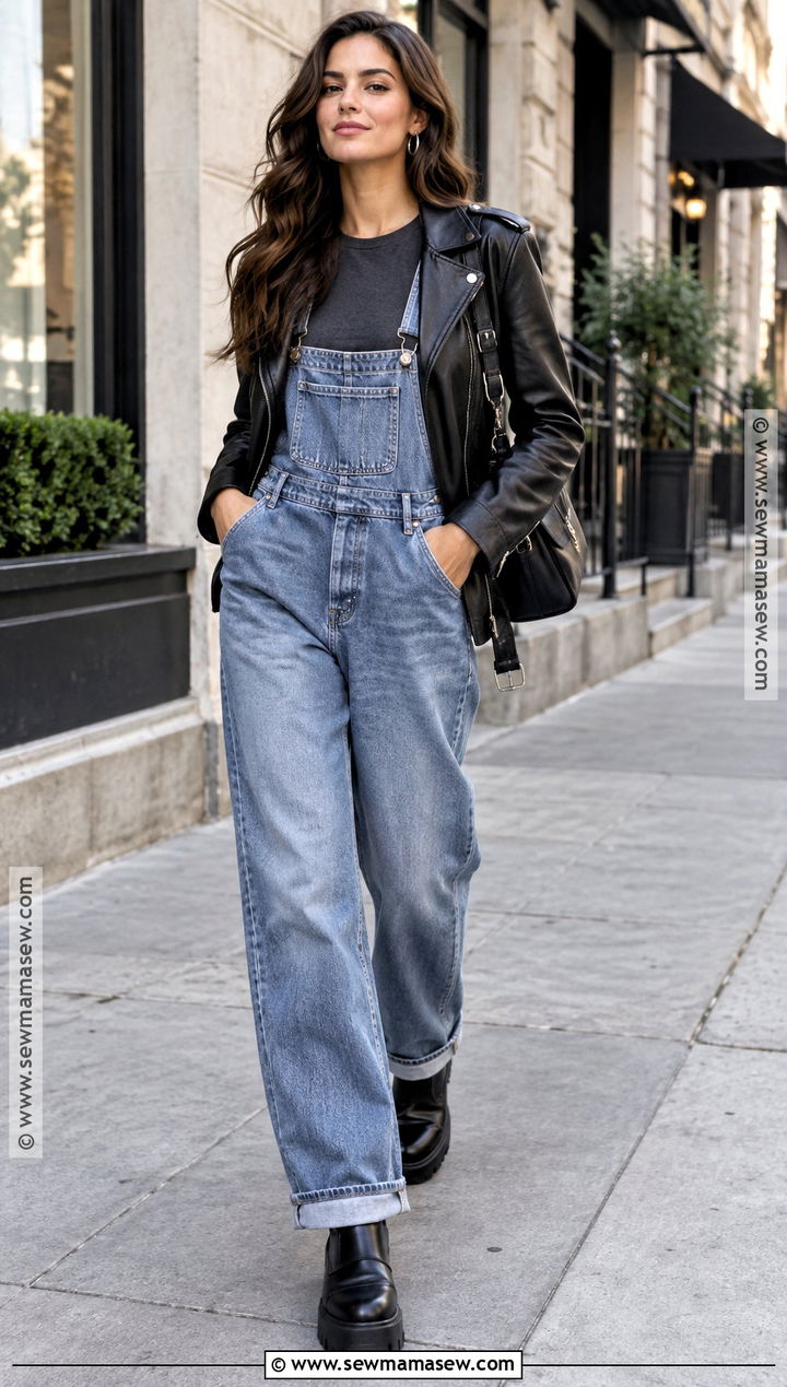 Jean Overalls With Leather Jacket And Boots - 15 Jean Overalls Outfit Fall