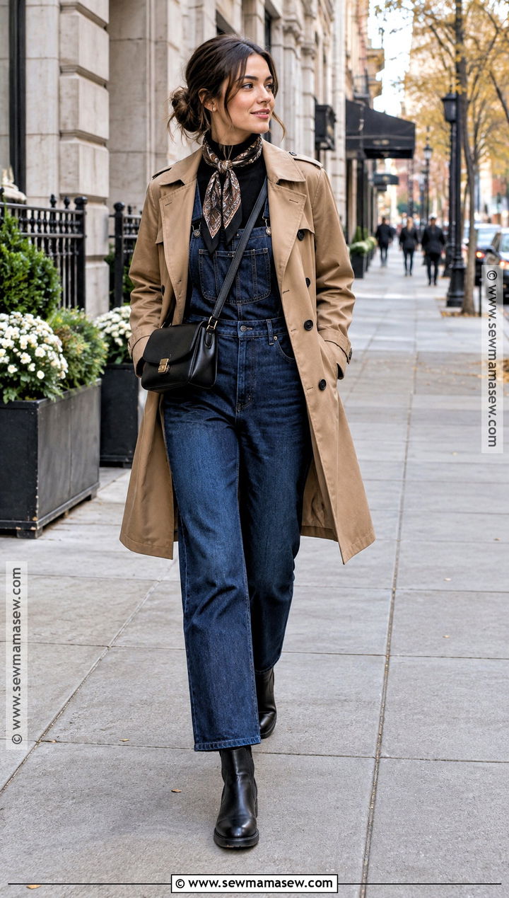 Jean Overalls With Turtleneck And Trench Coat - 15 Jean Overalls Outfit Fall