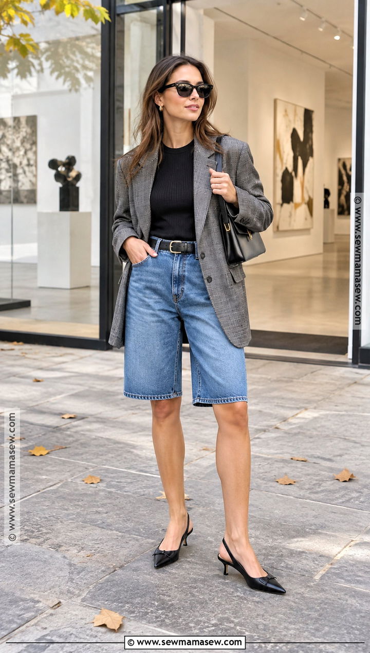 Jean Shorts With Blazer and Kitten Heels - 20 Jean Shorts Outfit Fall Ideas