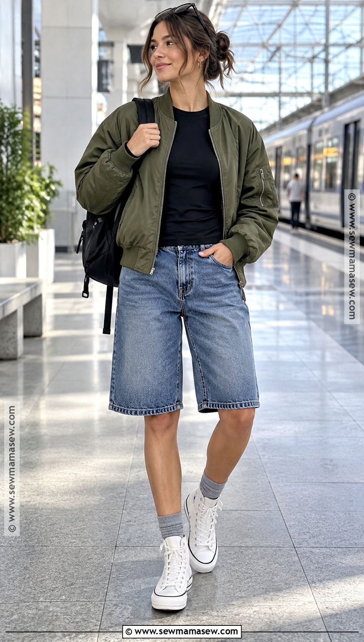 Jean Shorts With Bomber Jacket And High Top Sneakers - 20 jean shorts fall outfit ideas