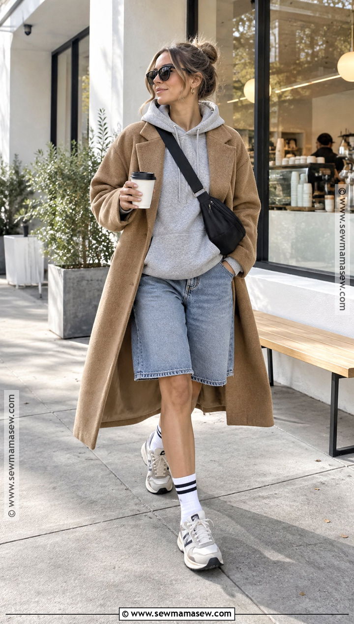 Jean Shorts With Hoodie and Wool Coat - 20 Jean Shorts Outfit Fall Ideas