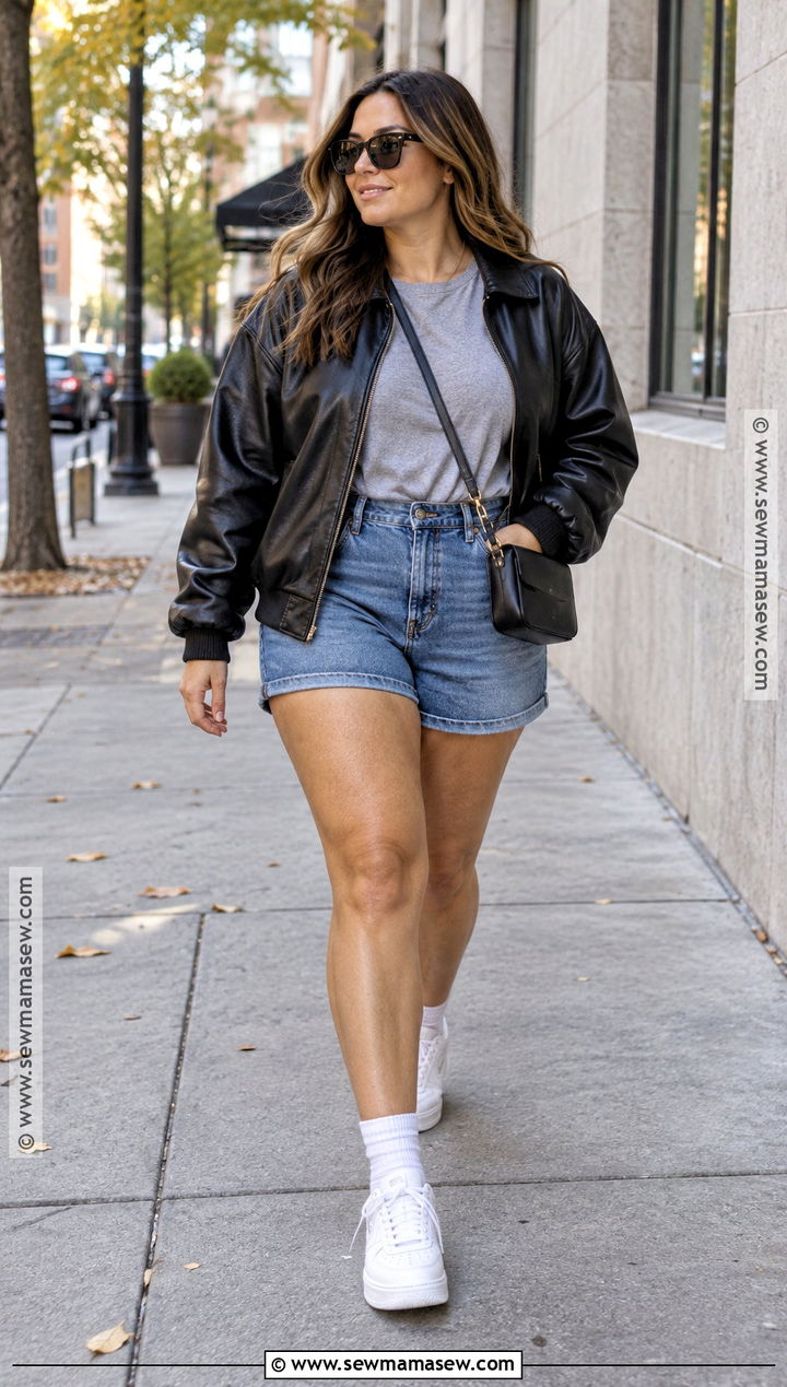 Jean Shorts With Leather Jacket and Sneakers - 20 Jean Shorts Outfit Fall Ideas