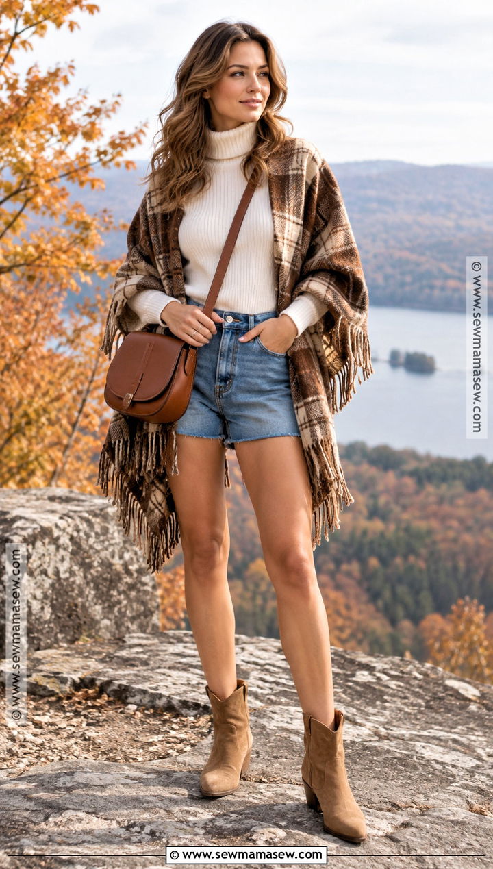 Jean Shorts With Poncho and Western Boots - 20 Jean Shorts Outfit Fall Ideas