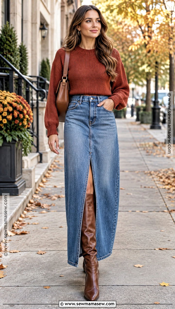 Jean Skirt With Cropped Sweater And Tall Boots - 20 jean skirt outfit fall ideas