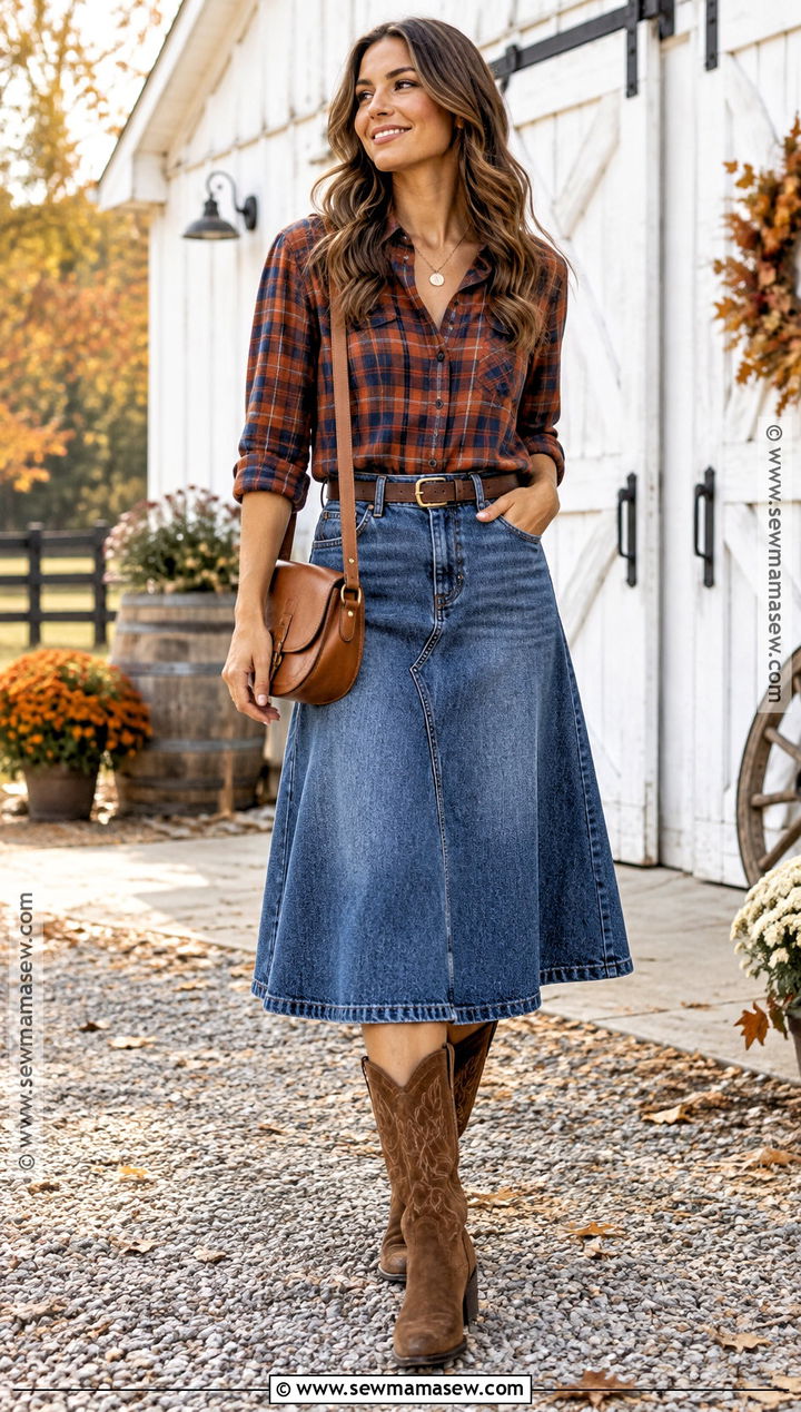 Jean Skirt With Flannel Shirt And Western Boots - 25 fall outfits jean skirt